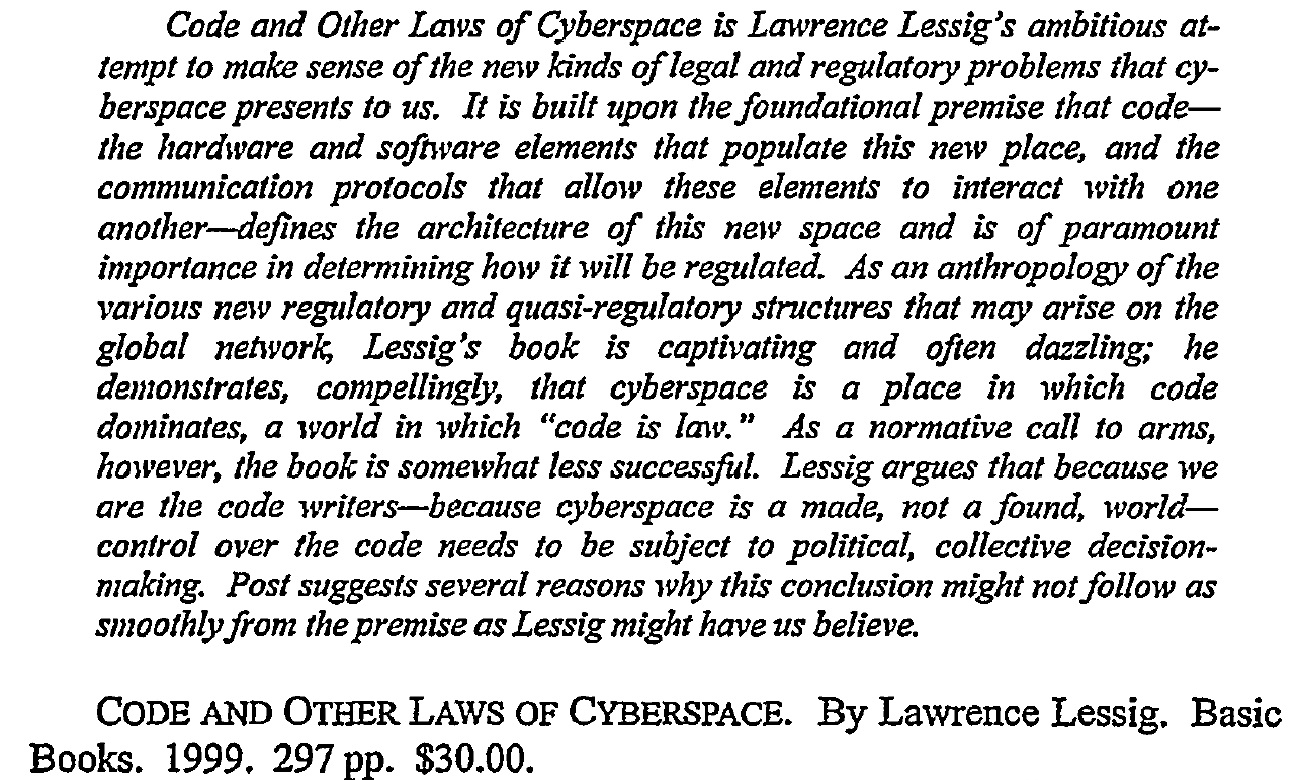 Name:  CODE and Other Laws of Cyberspace.jpg
Views: 1426
Size:  449.9 KB
